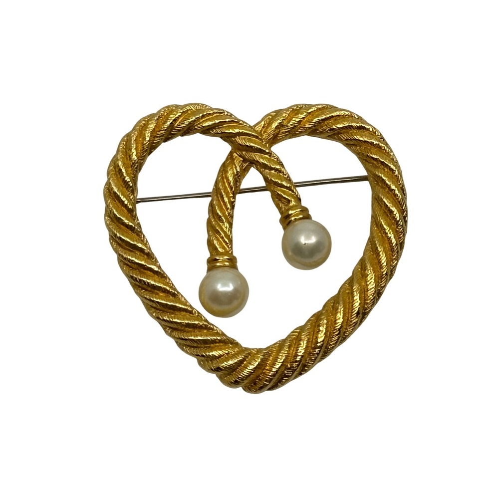 Vintage Gold Tone Twisted Rope Heart Brooch with Faux Pearl Accents Pin